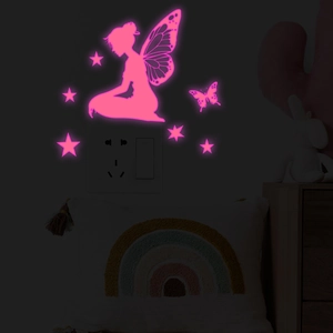 Luminous pink fairy and butterfly wall stickers with stars for light switch decor
