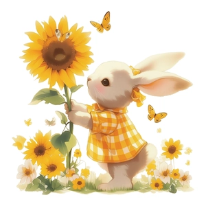 Autocollant lapin mignon dessiné à la main avec grande tournesol et papillons décoratifs