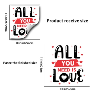 Détail du sticker mural Love montrant la taille de la feuille 29x26cm et le rendu final