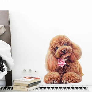 Realistic brown poodle wall sticker with pink flower and pearl collar for room decor