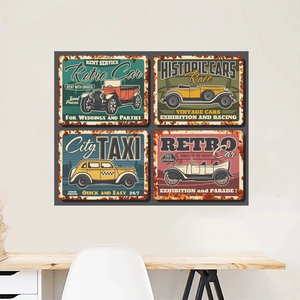 Set of four vintage metal car posters with rusted edges on a grey wall decoration