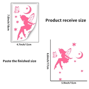 Detailed size chart for pink fairy and butterfly wall stickers showing dimensions in cm and inches