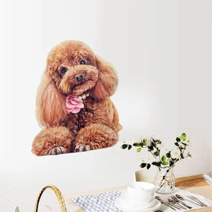 Realistic brown poodle wall sticker with pink flower collar for home wall decor