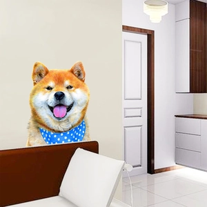 Detailed Shiba Inu wall sticker with a blue polka dot bandana in a modern room setting