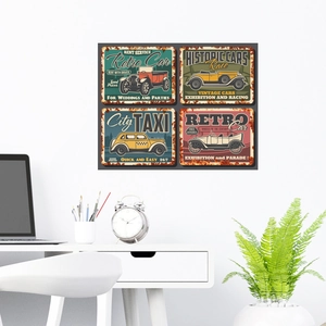 Set of four vintage retro car metal wall signs with industrial rusty edge finish