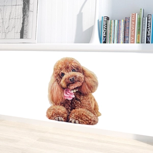 Close-up of cute brown poodle wall sticker with floral collar on a white wall