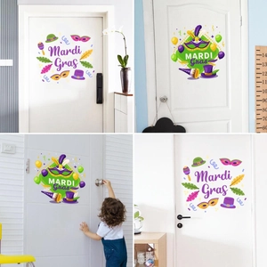 Mardi Gras Door Sticker Removable PVC Carnival Wall Decals With Purple Green Gold Masks Feathers For Home Party Decor