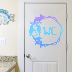 Sticker de Porte de Salle de Bain WC en PVC Imperméable Design Couronne Florale Bleu Violet Décalcomanie Murale Géométrique Maison