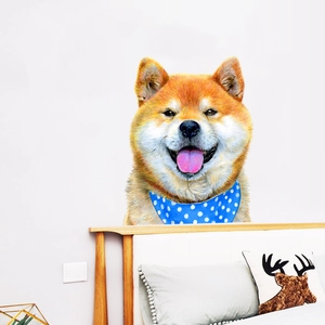 Realistic Shiba Inu wall sticker with blue polka dot scarf in a bedroom setting