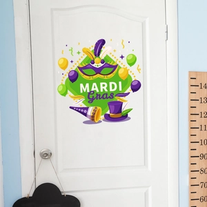 Close-up of Mardi Gras door sticker featuring a feather mask and festive balloons on a white door