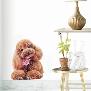 Detailed wall sticker featuring a cute brown poodle with pink floral collar decoration