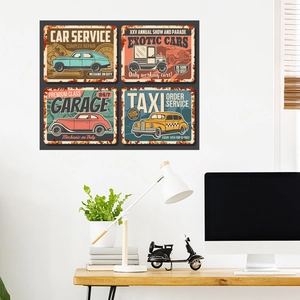 Detail of four vintage car metal signs in a modern home office setting on a white wall