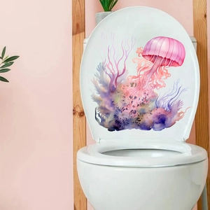 Adesivo murale luminoso con medusa rosa e corallo ad acquerello per coperchio del WC