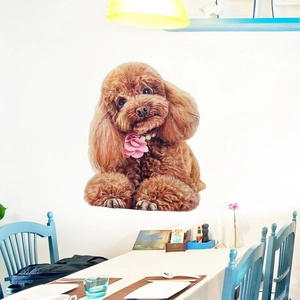Detail of cute brown poodle wall sticker with pink flower in a cozy dining room scene