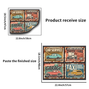 Detail of vintage car posters wall stickers showing original and pasted sizes