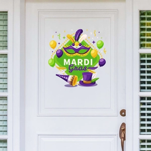 Detail of colorful Mardi Gras mask and feather door stickers on white wooden surface