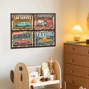Detail of four vintage car metal signs on a neutral wall with cozy indoor lighting