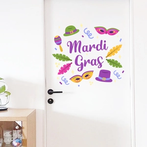 Detail of Mardi Gras door decals with colorful masks and feathers on a white bedroom door