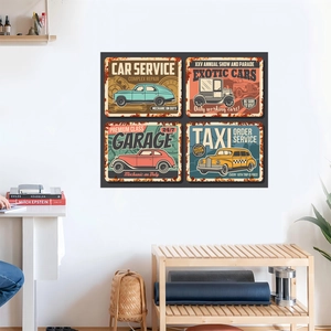 Detail showing vintage metal car posters in a cozy home bedroom setting on a white wall