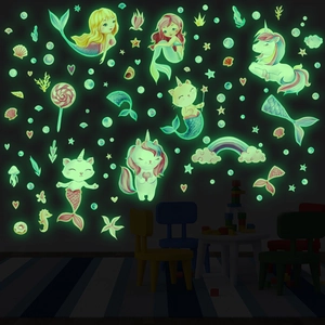 Glow in the dark wall stickers featuring unicorns and mermaids for kids room decor