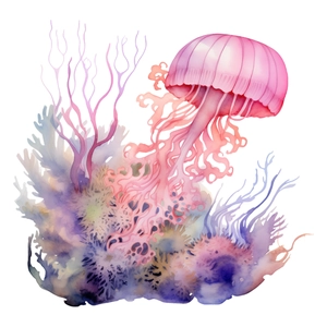 Adesivo murale medusa rosa luminoso con coralli colorati e alghe per decoro bagno