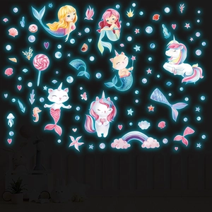 Detailed glow-in-the-dark wall stickers featuring cartoon mermaids and unicorns