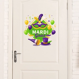 Detail of Mardi Gras door sticker featuring masks, balloons and feathers on a white door
