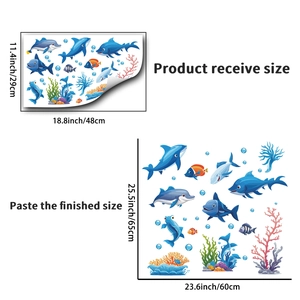 Detailed view of ocean fish wall decals showing receive and display sizes for kids' rooms