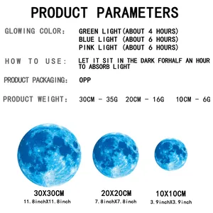 Size chart for glow in the dark moon stickers showing dimensions and glow durations