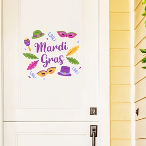 Mardi Gras carnival wall stickers with purple and gold masks on a white bedroom door