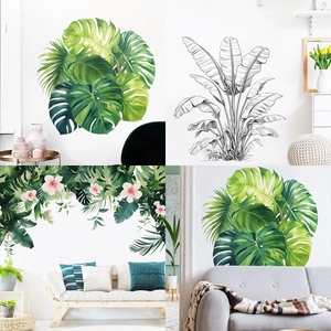 Modern Tropical Plant Wall Stickers PVC Monstera Palm Leaves Hibiscus Floral Wall Decals For Living Room Home Decoration