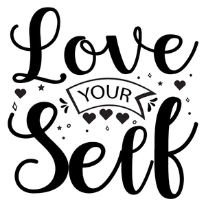 Detail of Love Your Self typography sticker with black hearts and stars wall art