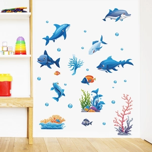 Ocean World Sea Creatures Wall Stickers PVC Waterproof Cartoon Fish Dolphins Shark Decals For Kids Room Bathroom Home Decor