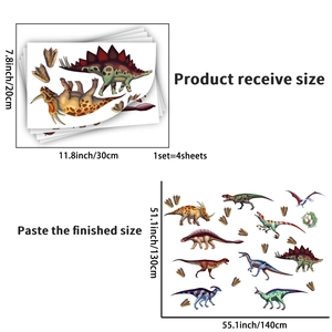 Detailed view of 4 sheets dinosaur wall stickers set with precise size measurements