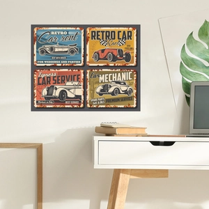 Detailed view of four vintage metal car signs on a wall in a cozy home office setting