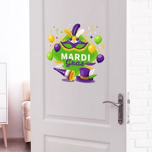 Colorful Mardi Gras party door stickers featuring masks and balloons on white door