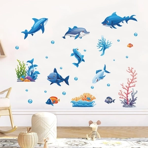 Cartoon ocean world wall decals with dolphins, sharks and coral for kids room decor