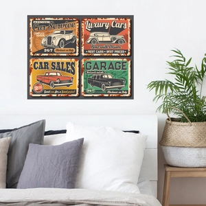 Set of four vintage retro car metal posters featuring classic garage and service themes