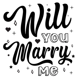 Close-up of black 'Will You Marry Me' wall sticker with romantic hearts and stars elements