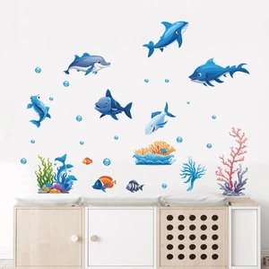 Cartoon ocean world wall stickers with blue dolphins and sharks for kids room decoration