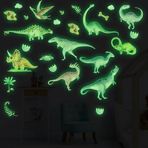 Luminous dinosaur wall stickers for kids' room featuring T-Rex and Triceratops shapes
