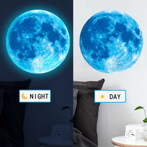 Luminous blue moon wall sticker showing day and night glow effect in kids room