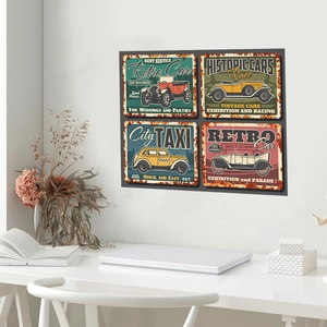 Set of 4 vintage car metal posters for retro wall decoration in a modern minimalist office
