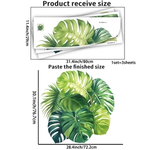 Size guide for tropical monstera leaf wall stickers showing layout and finished dimensions