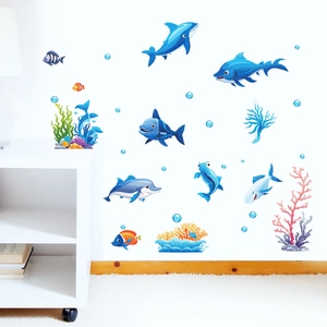 Cartoon ocean world wall decals with dolphins and coral for kids room wall decor
