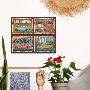 Set of 4 vintage metal car posters featuring classic retro vehicle wall decor for home