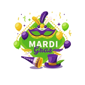 Flat vector illustration of Mardi Gras carnival stickers with mask, balloons and hat