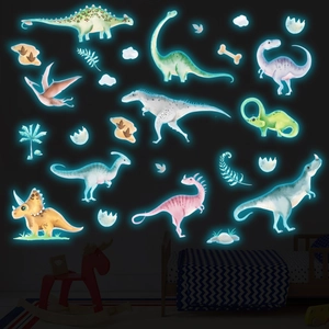 Luminous watercolor dinosaur wall stickers glowing in a dark themed children's room