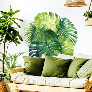 Detailed monstera leaf wall decal display for a natural living room wall decor theme