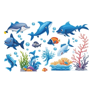 Ocean sea life wall decals with colorful dolphins and tropical fish for bathroom decor